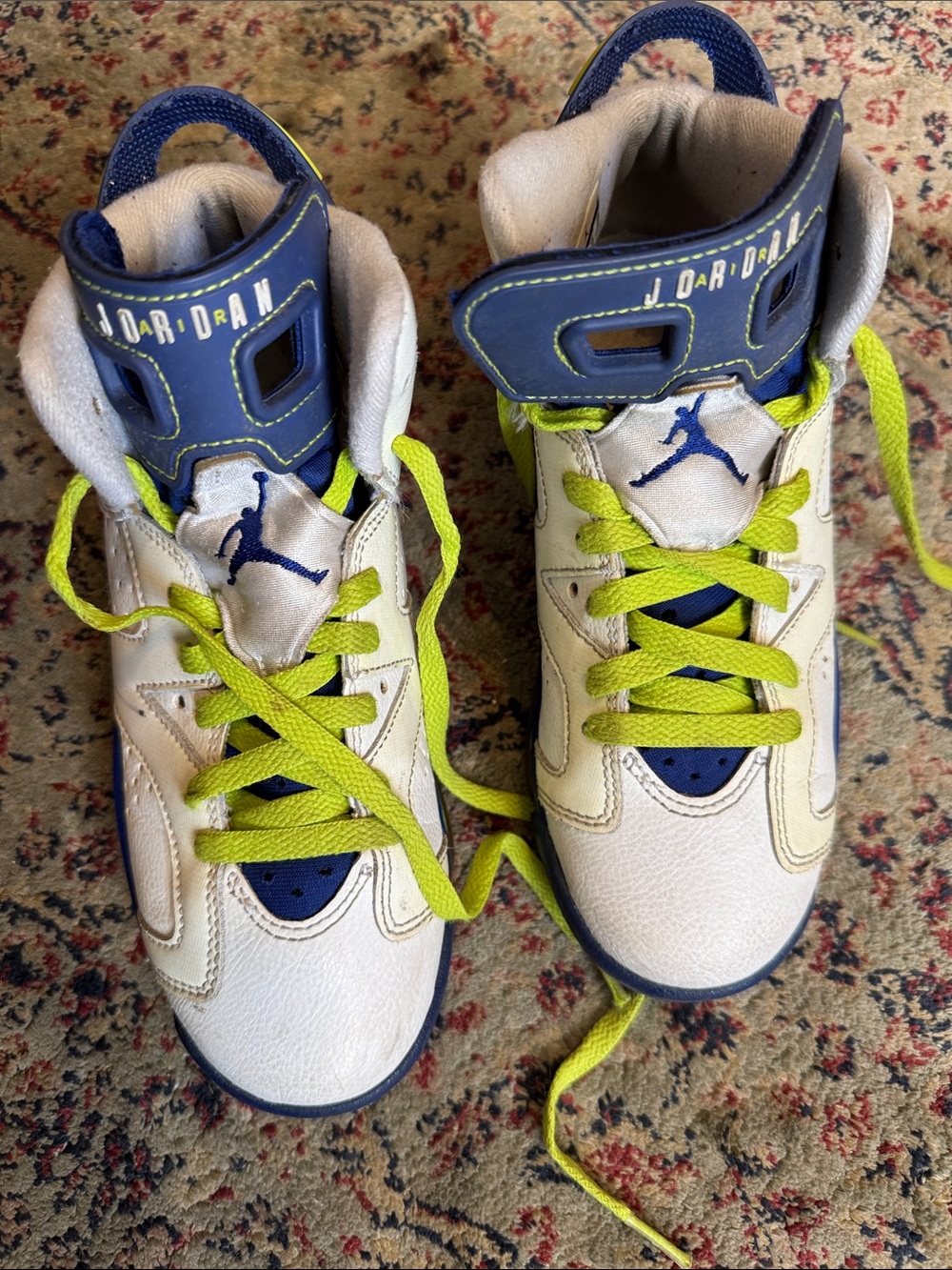 Jordan Kids White, Blue and Neon Green High-Top Sneakers
